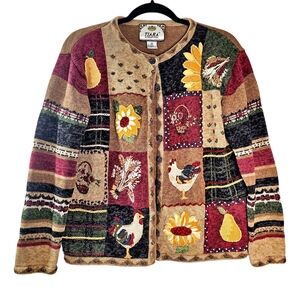 VTG Tiara International Embroidered Cardigan Sweater Rooster Grannycore Farm Med